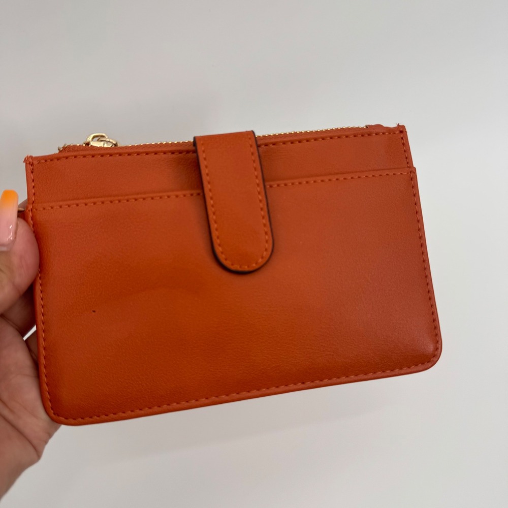 Jen & Co Burnt Orange Vegan Leather Slim Zip Card Case‎ Wallet Gold Hardware